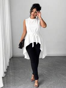 Elenzga Plus Size Elegant White Summer Silky Semi Formal Peplum Top Women,Commuter Solid Color Sleeveless Front Short Back Long High Low Bow Tie Waist Shirt - White - View 3