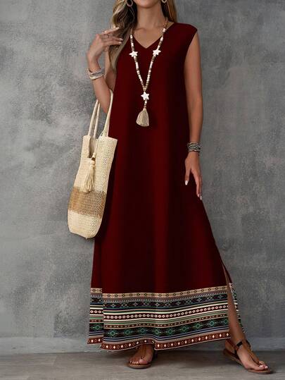 EMERY ROSE Women's Geometric Print Dress, Suitable For Spring/Summer Sleeveless Dress Bohemian Dresses For Women Long Casual Dress Red