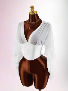 Amplova Y2K情人节女士性感简约纯色深V领露背系带修身衬衫，春夏秋季白色束身胸衣，白色衬衫，白色薄纱上衣，优雅上衣，度假女士Y2K情人节白色优雅上衣，优雅上衣，性感女士衬衫，女士上衣，优雅女士上衣，女士休闲衬衫 - 白色 - 查看 11