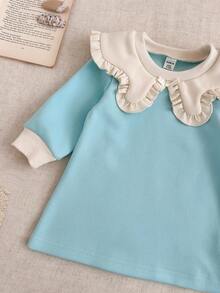 SHEIN Baby GirlCasual Striped Lapel Long Sleeve Dress, Spring/Autumn - Baby Blue - View 6