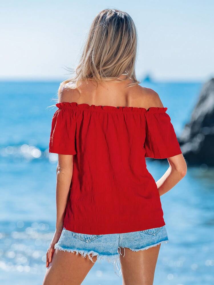 Off Shoulder Frill Trim Blouse,Vacation,Beach Outfit For Women