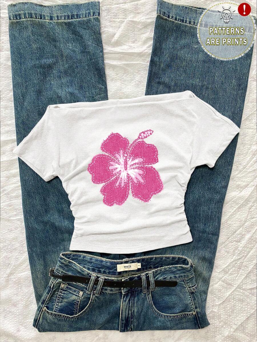 Attitoon Women's Casual Ruched Waist Off Shoulder Fitted Short Sleeve White T-Shirt With Floral Pattern, Suitable For Summer Spring - White - View 1