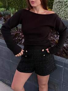 Kuleshova Damen Einfarbiger Pullover mit asymmetrischem Ausschnitt, Lässig, Langarm, Rot, Lässig Party Elegant Zuhause Sexy für Herbst Winter Lässig Weihnachten Halloween Neujahr Asymmetrisches Oberteil - Schwarz - Übersicht 3