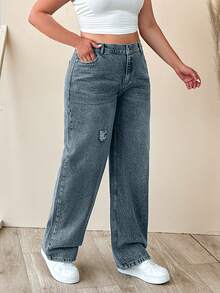 EURMUSE 100% Cotton Plus Size Women's Mid-Blue Elastic Waist Straight Leg Jeans - Light Wash - View 3