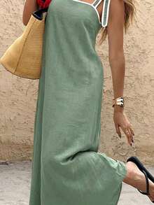 SHEIN Frenchy 女士夏季休闲度假风撞色滚边打结吊带连衣裙 - 綠色 - 查看 8