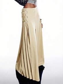 LYSMO 新款极简主义春季女装纯色系带褶裥复古阔腿裤、卡其色裹身长裙、系带腰褶裥裙 - 卡其色 - 查看 8