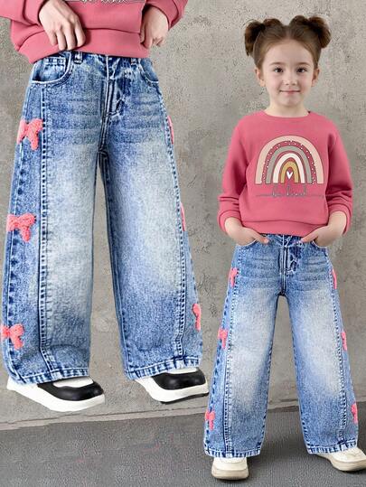 Elladie kids Young Girl Distressed Vintage Fashion Personalized Front Panel Split Bleached Denim Wide Leg Jeans With 3D Bow, Versatile Casual Pants, Blue 90s Kids Cutesy Jeans With Pink Bows Kindergarten Butterfly Jeans For Girls Wide Leg Jeans Kids Jeans With Bows Kids Kids Baggy Jeans Girls Girls Star Jeans Wide-Leg Jeans Kids Girls Jeans With Bows Kids Wide Leg Jeans