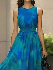 Balvessa Sleeveless Round Neck Ink Gradient Digital Print Belted Waist Bowknot Maxi Dress For Women - Multicolor - View 4