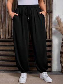 EMERY ROSE Plus Size Women Casual Loose Knit Elastic Waist Black Pants, Soft & Relaxed Fit Ankle Pants For Spring & Summer - Black - View 5