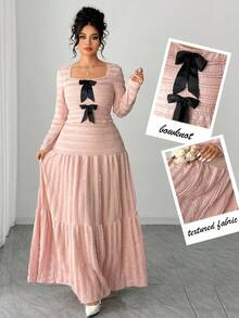 Elenzga Romantic Vintage Elegant Ruffled Texture Contrast Bow 2 Pieces Set, Casual Fashion For  Day - Pink - View 8