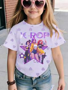 Young Girl Letter & Kpop Graphic Round Neck Short Sleeve Casual T-Shirt