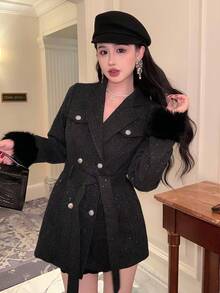 DAZY 女士毛绒拼接羊毛大衣，宽松商务休闲风，适合新年、圣诞节、婚礼、派对，时尚金属扣腰带系带亮片装饰，中长款，秋冬外套 - 深灰色 - 查看 7