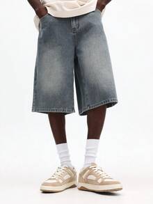 SUMWON Vintage Washed Slim Fit Denim Below Knee Length Baggy Wide Leg Casual Summer Everyday Retro Relaxed Style Bermuda Jean Shorts - Blue - View 1
