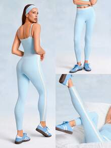 GLOWMODE 24'' FeatherFit™ Soft Start Buttery-Soft Contrasting Seams Side Stripes 2-Piece Leggings Low Impact Yoga Pilates Studio Daily Casual Wear - Blue Day - View 7