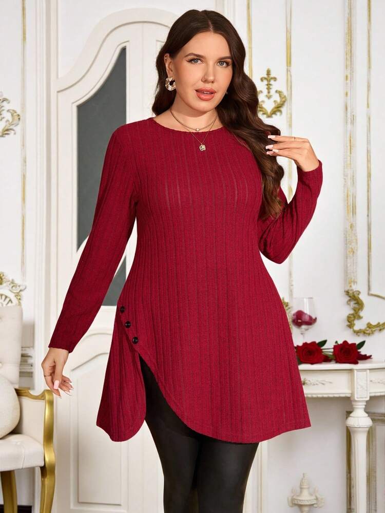 Plus Size Women Fall Casual Elegant  Party Burgundy Red Asymmetrical Hem Crew Neck Long Tee Top,Ribbed Knit T Shirt, , ,New Year,Comfortable And Breathable,Spring/Summer/Vacation
