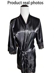 缎面蕾丝边女士浴袍，新娘浴袍伴娘礼物，蕾丝睡衣系带休闲浴袍，夏季浴袍，返校季浴袍 - 黑色 - 查看 9