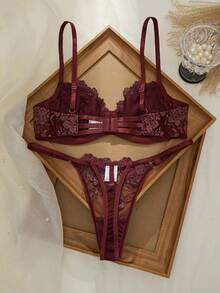Seduluxe 2pcs Mesh Embroidery Women's Lingerie Set - Rust Brown - View 2