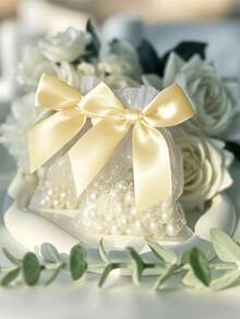 20pcs/10pcs/1pc Bow Organza Bags, Gold Bow Organza Bags, Size 3.9x4.7 Inches, Rose Pattern Drawstring Bags, Wedding Favor Bags, Party Favor Bags, Green Party Bags, Halloween Supplies, Halloween Decorations, Christmas Decorations, Christmas Gift Packaging Bags, Christmas Party Supplies - Multicolor - View 4
