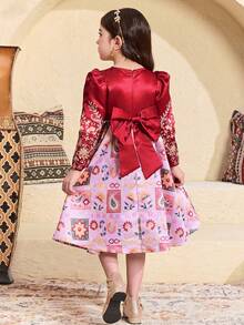 SHEIN Young Girl Round Neck Solid Color Patchwork Wine Red Floral Print Dress, Young Girls - Burgundy - View 3