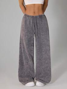 SHEIN PETITE Light Grey Women's Casual Low-Waist Straight-Leg Sweatpants, Suitable For Summer, Washed Snow Flake Effect - Light Grey - View 4