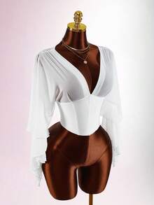 Amplova Y2K情人节女士性感简约纯色深V领露背系带修身衬衫，春夏秋季白色束身胸衣，白色衬衫，白色薄纱上衣，优雅上衣，度假女士Y2K情人节白色优雅上衣，优雅上衣，性感女士衬衫，女士上衣，优雅女士上衣，女士休闲衬衫 - 白色 - 查看 10