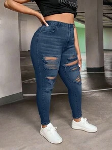 SHEIN Cottnline Plus Size Distressed Slant Pocket Skinny Casual Jeans - Medium Wash - View 3