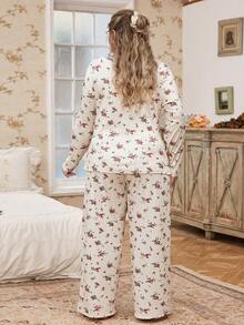 CottageSlumber 大码女式碎花蕾丝边长袖睡衣套装 - 杏色 - 查看 2