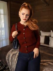 Gretanique Cárdigan casual y versátil de unicolor para mujer, cárdigan delgado, cárdigan burdeos, cárdigan rojo oscuro, cárdigan con botones, ropa de mujer para otoño, ropa de otoño para mujer, cárdigan rojo para mujer, cárdigan para mujer - Marrón - Ver 4