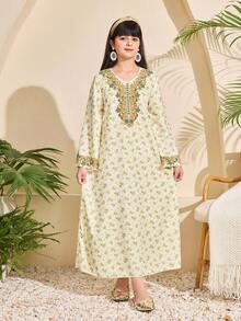 SHEIN Tween Girl Beige Delicate Ditsy Floral Dignified Dress - Beige - View 7