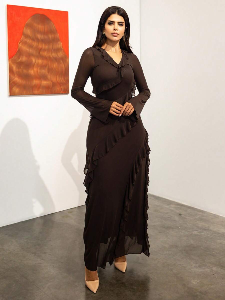 Hindelle Autumn Long Sleeve Maxi Dress, Romantic Sweet Ruffle Decor, Dating & Travel Inner Wear, Elegant Women Dresses For Holiday, Wedding, Party And Casual Occasions, Sleeveless, Mesh Sleeve, Plus Size - Coffee Brown - View 1