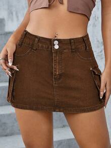 SHEIN ICON Chân váy denim nữ cạp thấp siêu ngắn có túi - Rỉ Nâu - Xem 5