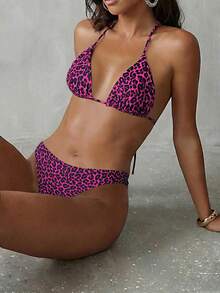 Swim Mod Beach Summer Outfits For Women:5pcs/Set Leopard Print & Black Spaghetti Strap High Cut Bikini Set Sets - Multicolor - View 8