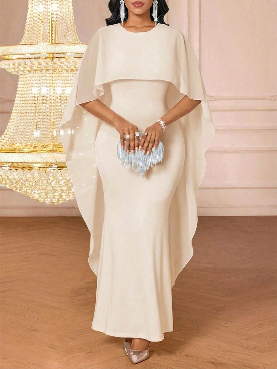 SHEIN Lady Vestido elegante de mujer con diseño de capa de cuello redondo y bajo de sirena de unicolor - Albaricoque - Ver 1