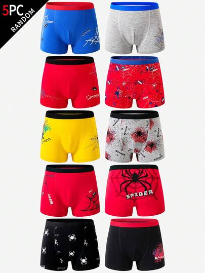 5pcs/Pack Boys' Random Spider & Colorful Graphic Print Comfortable Cotton Briefs. Boys Little Kids Boxer Briefs, Surprise Mystery Box 10-Pack Choose 5-Pack Combination, Red Blue Black Classic Color Palette Hot Selling Spider Elements Pattern Print