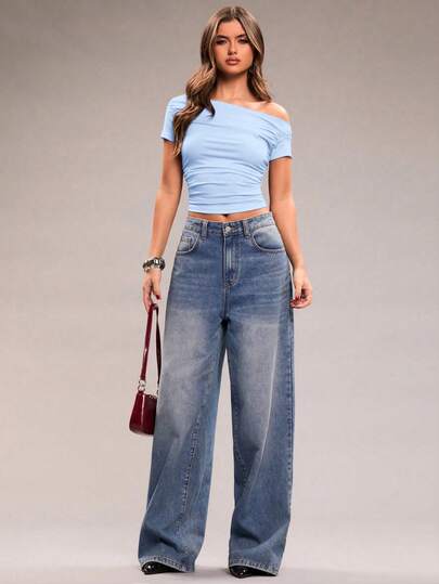 SHEIN BAE Camiseta corta ajustada con cuello asimétrico y fruncido, de unicolor, para uso casual y diario en verano