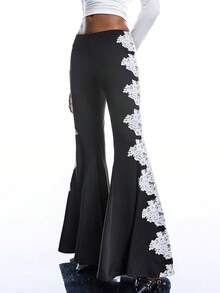 LYSMO Quần ống loe ren tương phản cỡ lớn dành cho nữ, quần ống rộng đa năng kiểu Gothic, quần ống loe cho nữ, quần legging ống loe độc đáo cho nữ. - Đen và trắng - Xem 4