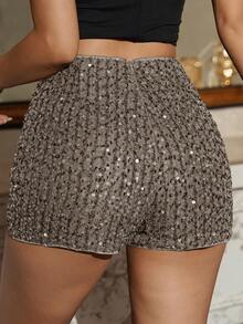 DAZY Celana Pendek Wanita Polos Pinggang Tinggi Berpayet Model Skinny untuk Karnaval - Grey - View 3