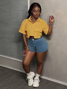 Slaydiva Áo croptop cổ polo trắng có túi, áo sơ mi tay ngắn có túi tiện dụng cho nữ, áo kiểu màu vàng, áo công sở cho nữ, áo croptop cho nữ. - Màu vàng - Xem 4