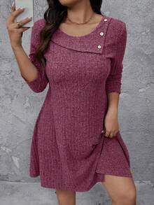 EMERY ROSE Đầm dài tay màu trơn dáng thanh lịch, cỡ lớn, chất liệu gân nổi. - Màu tím - Xem 4