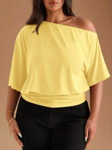 SHEIN BAE Black Casual Slash Shoulder Asymmetrical T-Shirt, Versatile For Daily Wear, Dating, Afternoon Tea, Hanging Out With Friends, All-Matching Occasions - Yellow - View 3