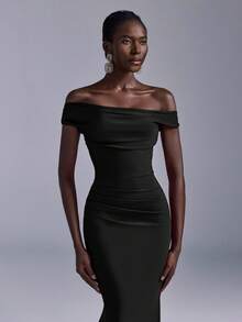 Elitara Elegant Ruched Off-Shoulder Mermaid Dress, Suitable For Weddings, Parties, Vacations, Prom, Bridesmaid (Adult) - Black - View 4