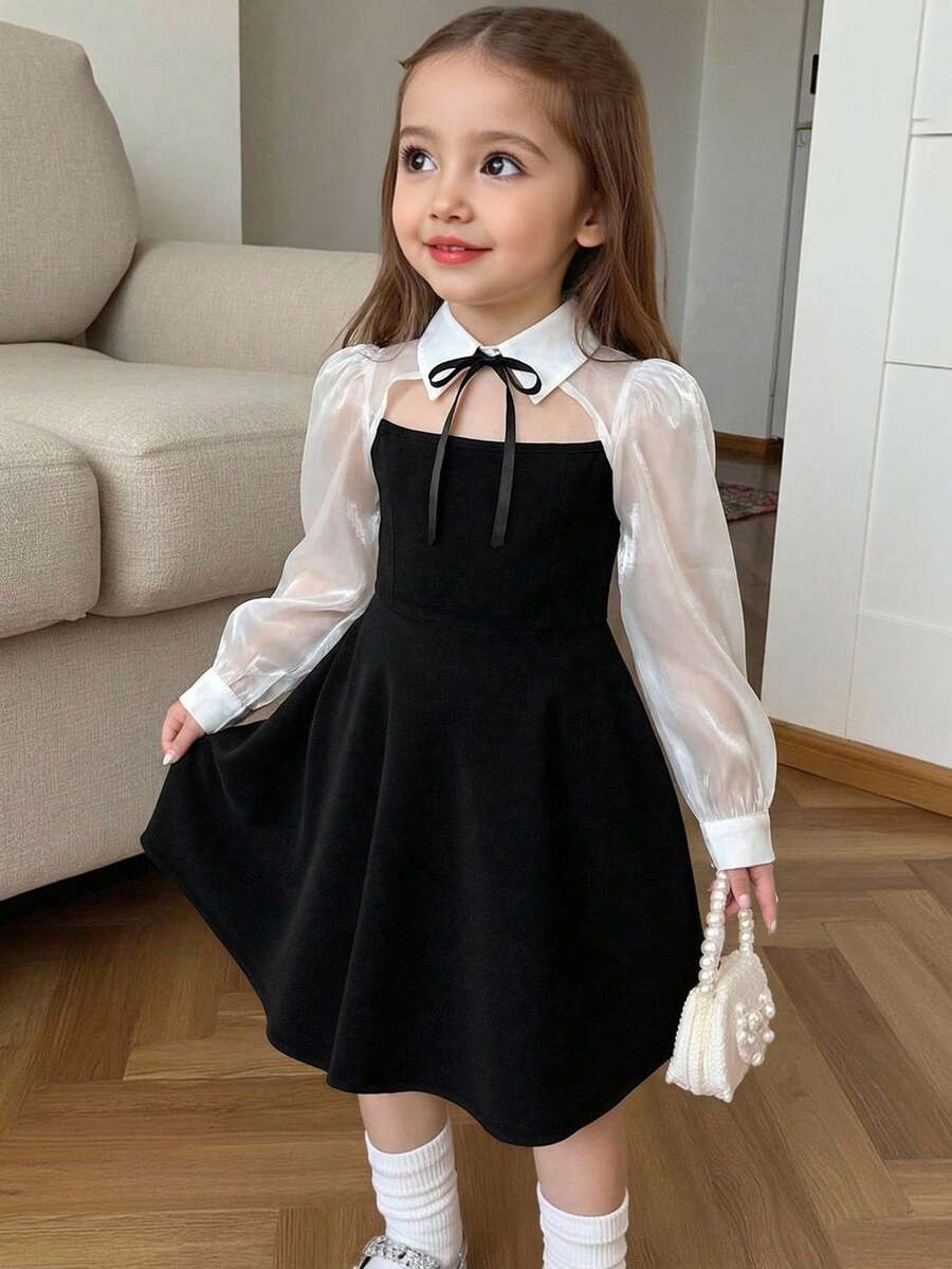 Young Girl Casual Minimalist Comfortable Collared Hollow-Out Color Block Patchwork Dress - Multicolor - View 1