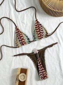 Zestiva Spring/Summer Jacquard Knit Halter Backless Bikini Top And Thong Bottoms Women Sexy Swimwear Set For Beach Vacation Seashell Swimsuit Metallic Swimsuit Rhinestone Swimsuit - Multicolor - View 3