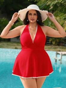 SHEIN Swim Plus Size Halter Swimwear With Red Fabric And White Lace ...