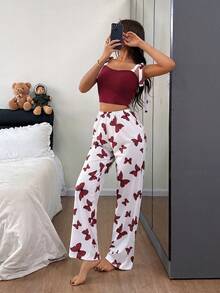 Dream Adore Conjunto de pijama con camiseta sin hombros con lazo y estampado de mariposas - Rojo y blanco - Ver 5