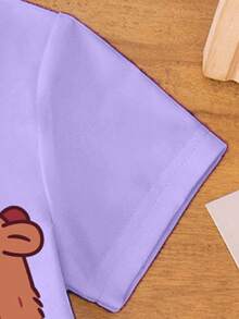 Bộ đồ thời trang cho bé gái mới biết đi, hoạt hình sáng tạo dễ thương màu xanh lam, tách trà sữa Boba & họa tiết Alpaca, khối màu, áo ngắn tay cơ bản, đơn giản & quần short biker - Nhiều màu - Xem 9