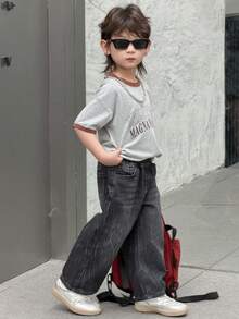 DAZY Young Boy Elastic Waist Pocket Loose Wide Leg Casual Jeans Spring - Black - View 2