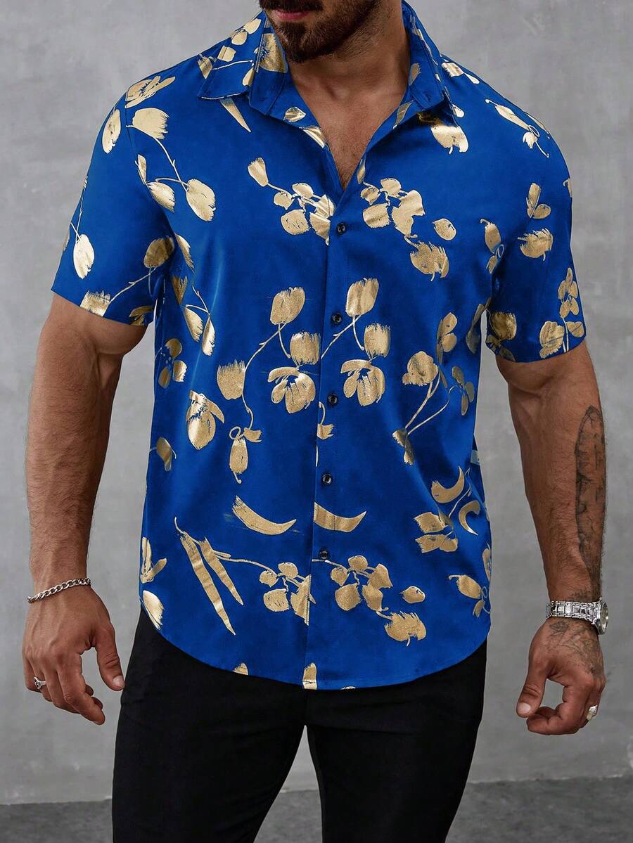 Manfinity Homme 男士夏季休闲度假风印花短袖衬衫,深蓝色纽扣夏威夷衬衫,男士短袖纽扣大胆印花衬衫,芙蓉花衬衫,夏威夷风情衬衫,男士花卉衬衫 - 藍色 - 查看 1