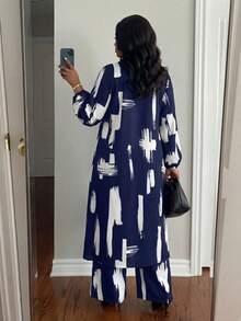 SHEIN Lady CURVE 春夏秋冬休闲优雅黑色梭织衬衫领主教袖带口袋长袖大码套装，春夏优雅通勤办公大码套装，女士夏季服装度假服装，女士度假两件套，两件套夏季服装 - 藏蓝色 - 查看 2