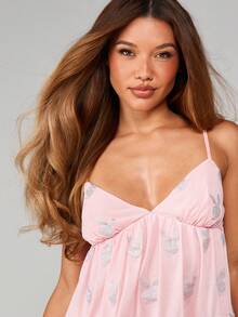 Missguided x Playboy Glitter Bunny Print Mesh Babydoll Cami And Thong Lounge Set With Adjustable Straps V Neck Empire Waist Sleepwear Intimates For Valentine's Day - Pink - View 5